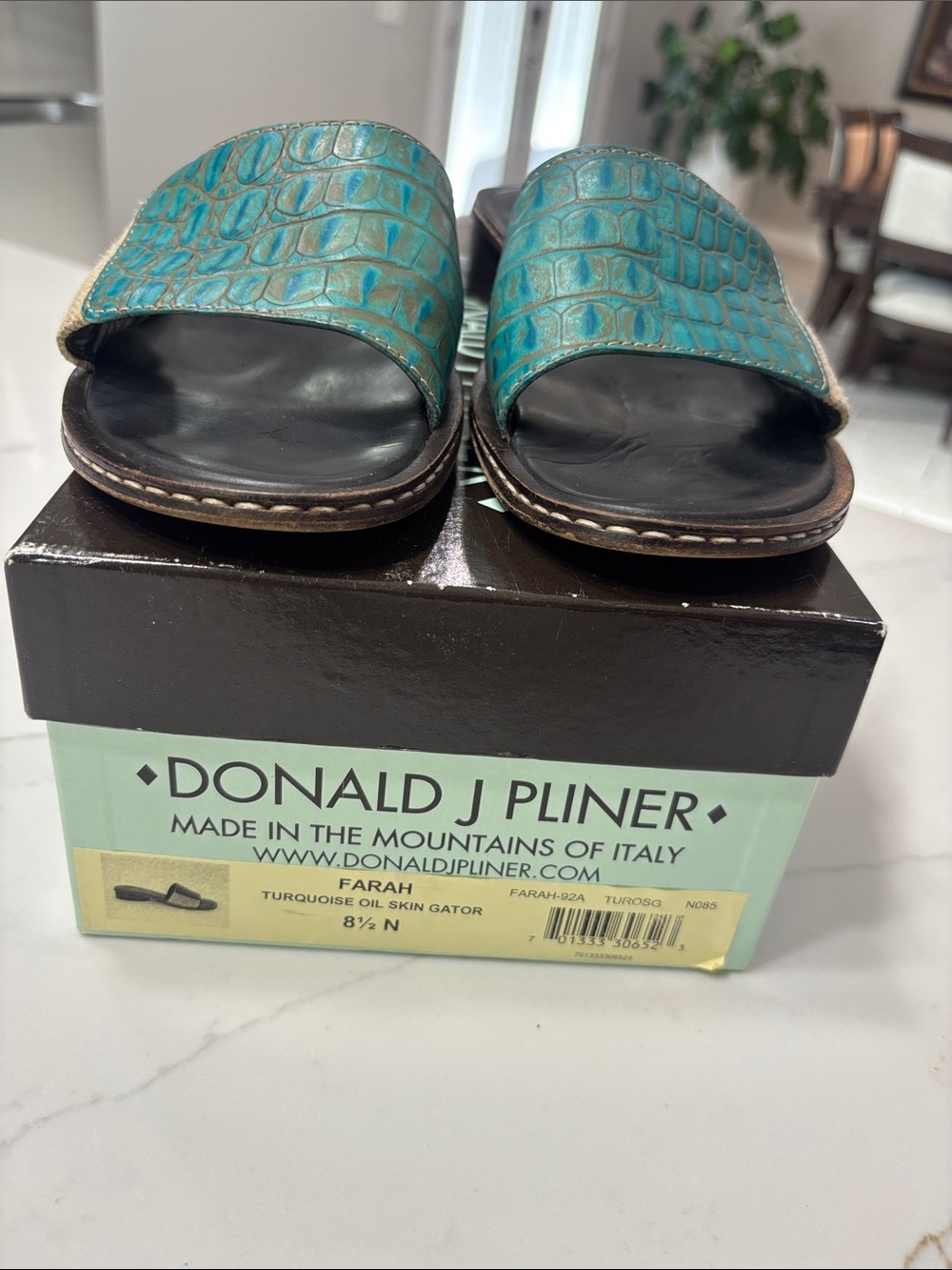 Donald J. Pliner Turquoise Gator-Embossed Slide Sandals